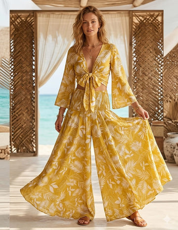 Women’s Yellow Leaf Printed Chanderi Tie-Front Crop Top & Flared Palazzo Pant Co-ord Set