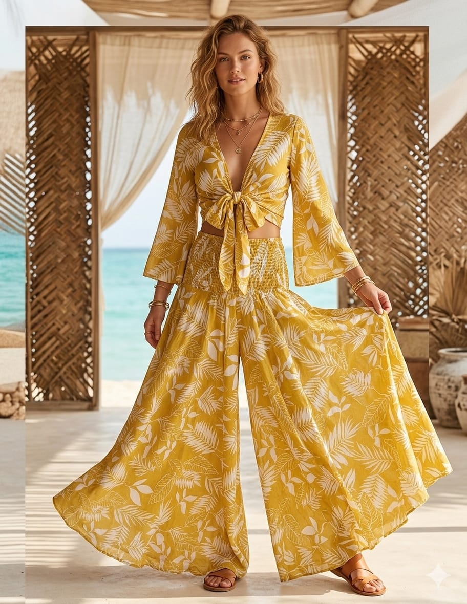 Women’s Yellow Leaf Printed Chanderi Tie-Front Crop Top & Flared Palazzo Pant Co-ord Set