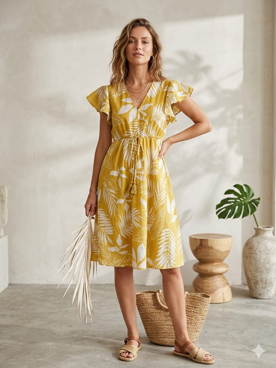 Mom & Me Yellow Floral Printed Chanderi Umbrella Style A-Line Dress with Drawstring Waist