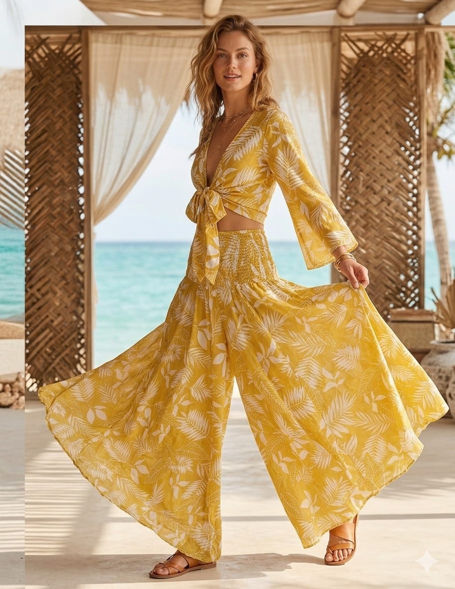 Women’s Yellow Leaf Printed Chanderi Tie-Front Crop Top & Flared Palazzo Pant Co-ord Set