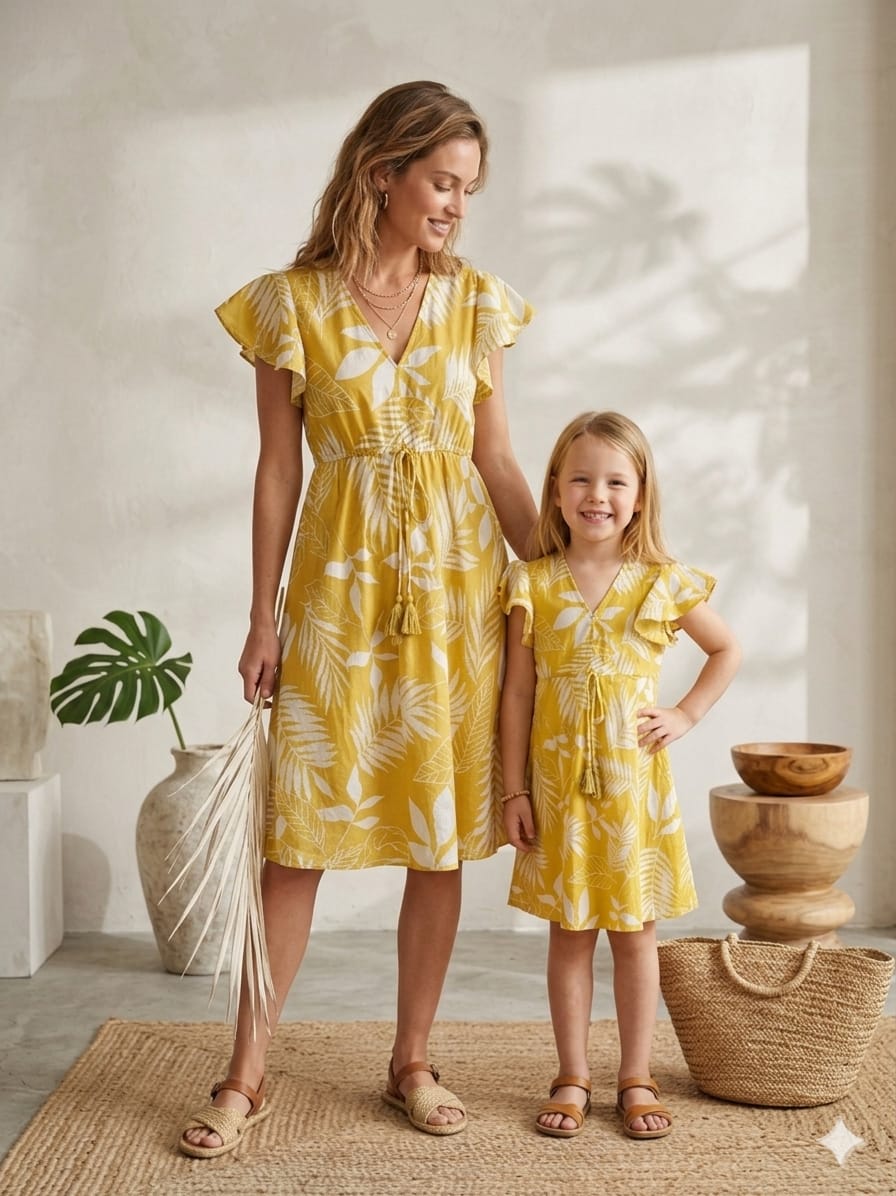 Mom & Me Yellow Floral Printed Chanderi Umbrella Style A-Line Dress with Drawstring Waist