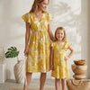 Mom & Me Yellow Floral Printed Chanderi Umbrella Style A-Line Dress with Drawstring Waist