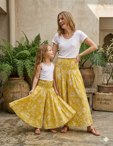 Mom & Daughter Yellow Leaf Printed Chanderi Flared Palazzo Pants with Smocked Waist