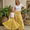 Mom & Daughter Yellow Leaf Printed Chanderi Flared Palazzo Pants with Smocked Waist