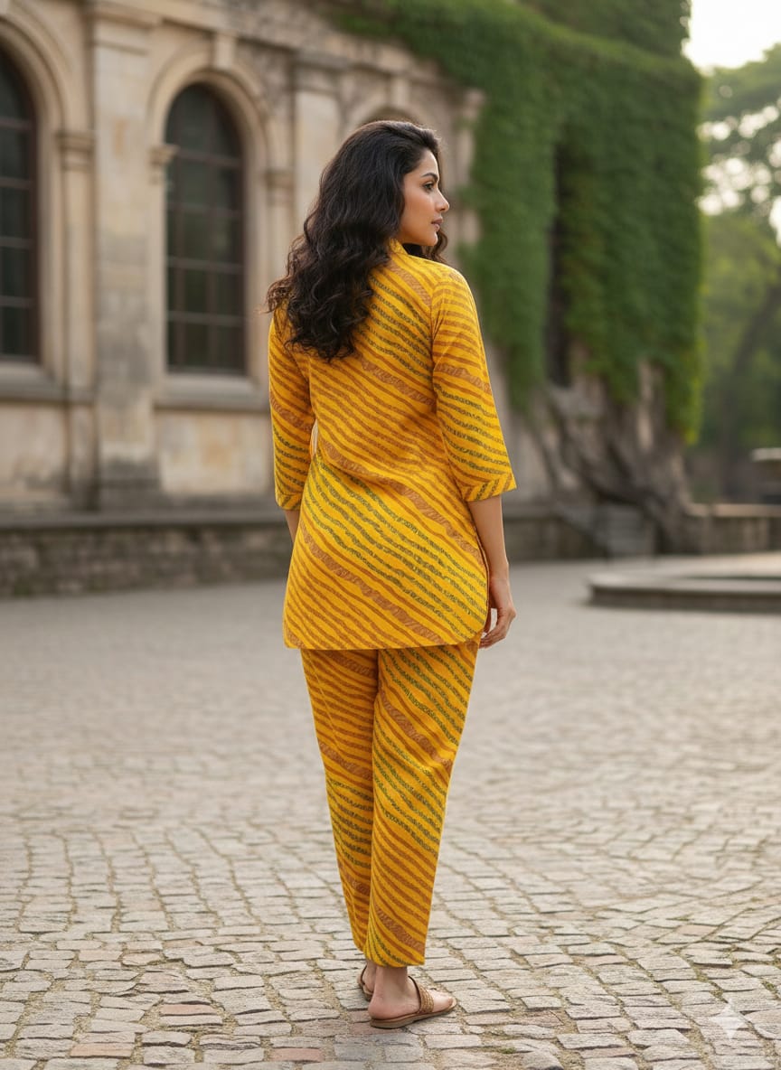 Women’s Yellow Leheriya Stripes Printed Cotton Shirt & Pant Co-Ord Set
