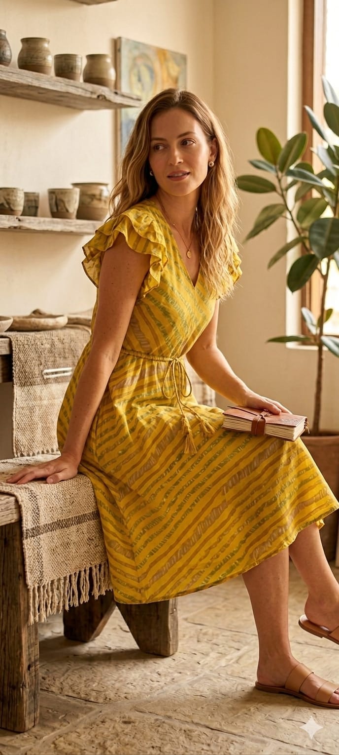 Women’s Yellow Leheriya Printed Cotton Umbrella Style A-Line Dress with Drawstring Waist