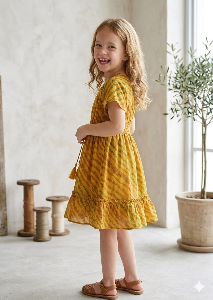 Baby Girls Yellow Leheriya Printed Cotton Kaftan A-Line Dress