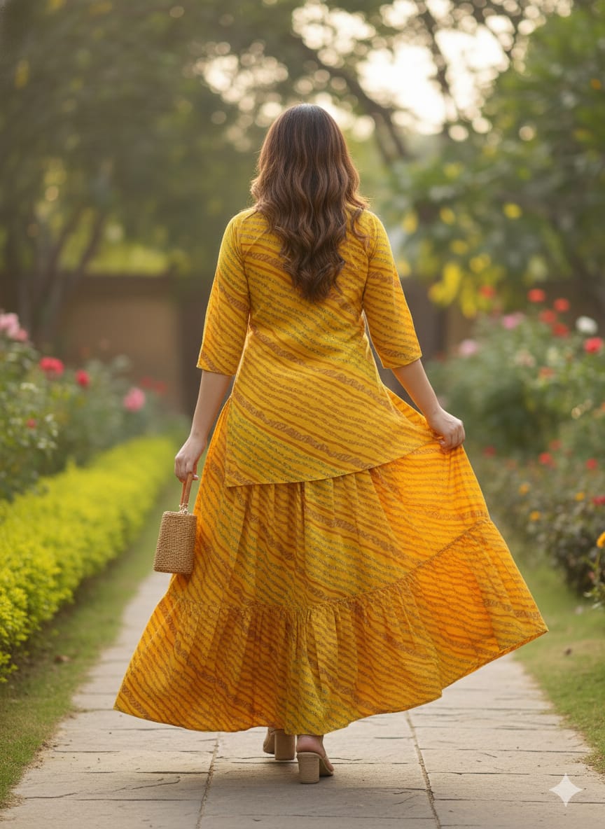 Women’s Yellow Leheriya Printed Cotton Kurta with Flared Skirt Set
