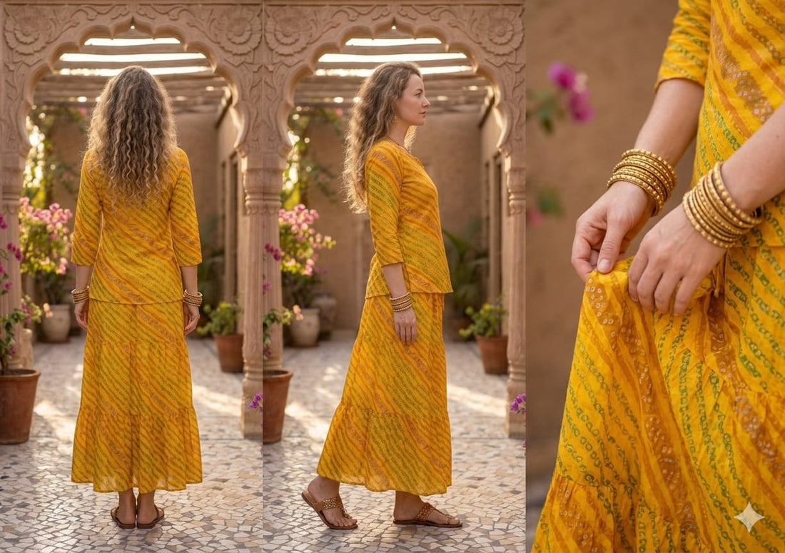 Women’s Yellow Leheriya Traditional Printed Cotton Kurta with Flared Skirt Set