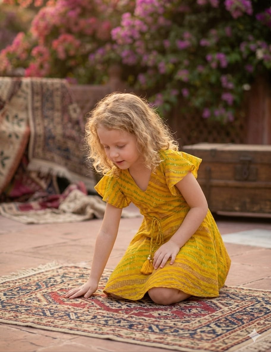 Baby Girls Yellow Leheriya Printed Cotton Umbrella Style A-Line Dress with Flutter Sleeves