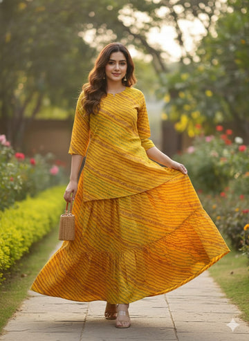 Women’s Yellow Leheriya Printed Cotton Kurta with Flared Skirt Set