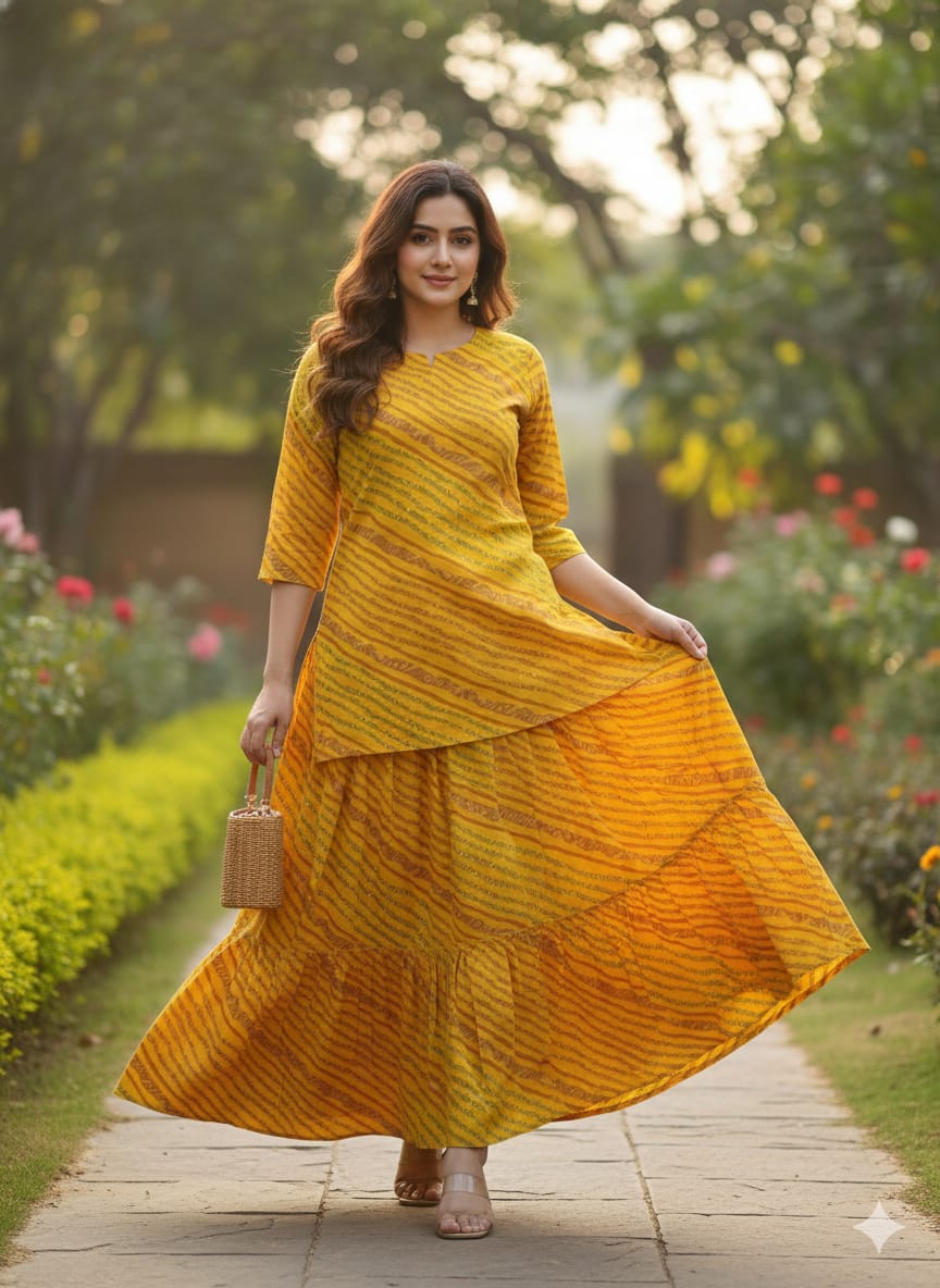 Women’s Yellow Leheriya Printed Cotton Kurta with Flared Skirt Set