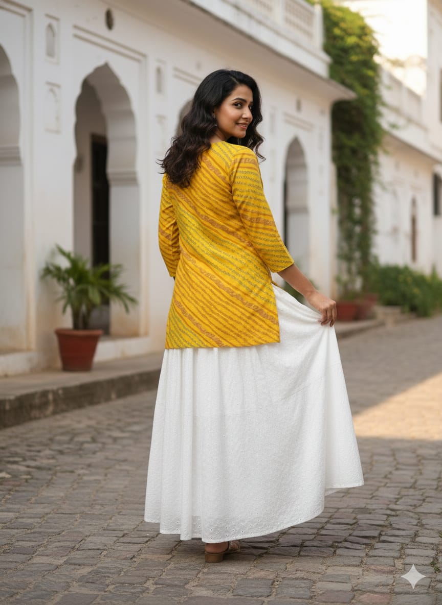 Women’s Yellow Leheriya Printed Cotton Kurta with Chikankari Flared Skirt Set