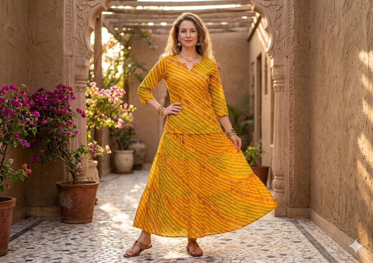 Women’s Yellow Leheriya Traditional Printed Cotton Kurta with Flared Skirt Set