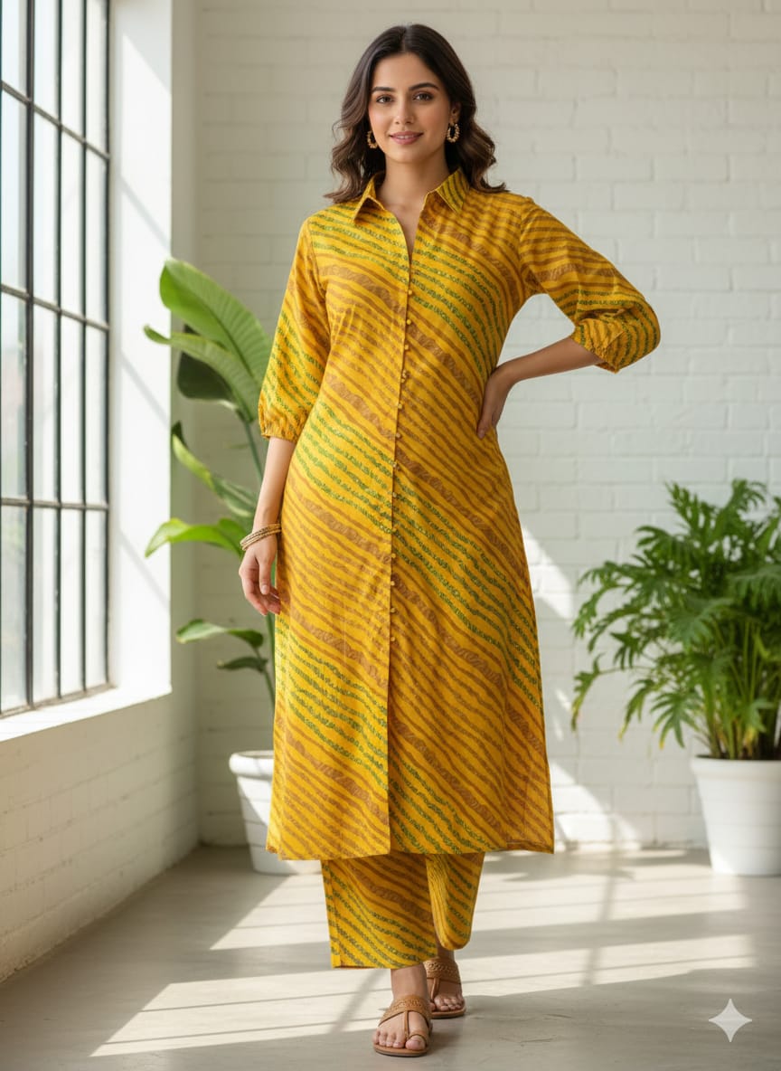 Women’s Yellow Leheriya Printed Cotton Kurta Set with Straight Pants