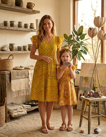 Mom & Me Yellow Leheriya Printed Cotton Umbrella Style A-Line Dress with Drawstring Waist