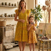 Mom & Me Yellow Leheriya Printed Cotton Umbrella Style A-Line Dress with Drawstring Waist