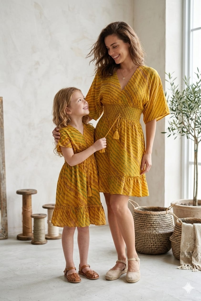 Mom & Me Yellow Leheriya Printed Cotton Kaftan A-Line Dress