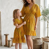 Mom & Me Yellow Leheriya Printed Cotton Kaftan A-Line Dress