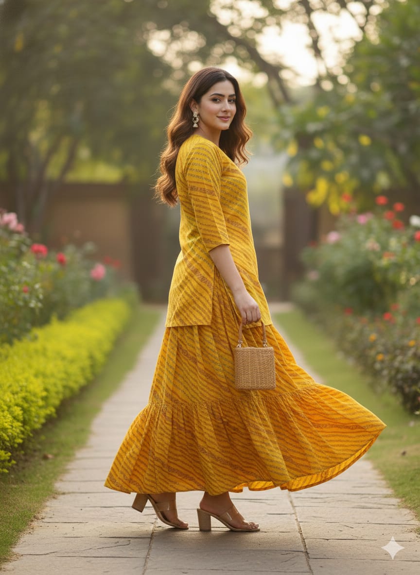 Women’s Yellow Leheriya Printed Cotton Kurta with Flared Skirt Set