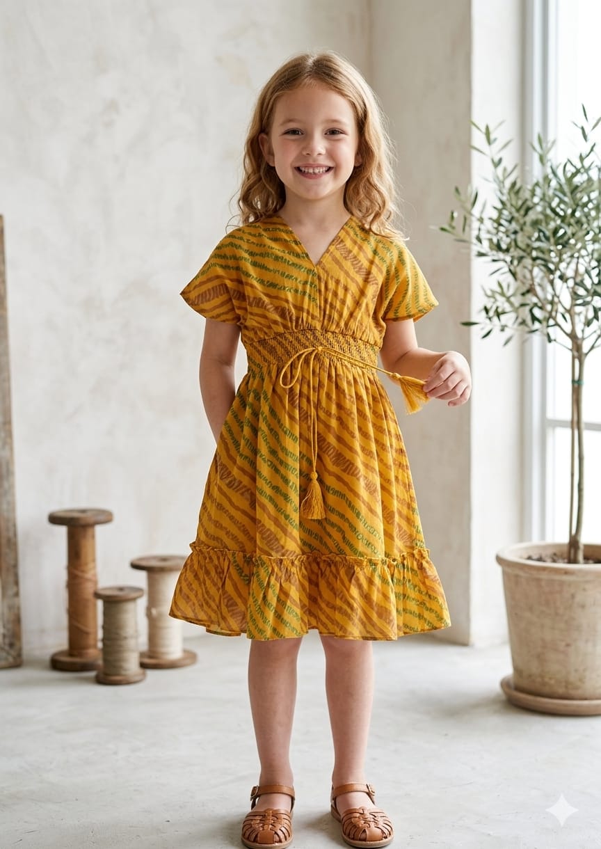 Baby Girls Yellow Leheriya Printed Cotton Kaftan A-Line Dress