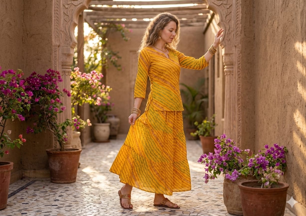 Women’s Yellow Leheriya Traditional Printed Cotton Kurta with Flared Skirt Set