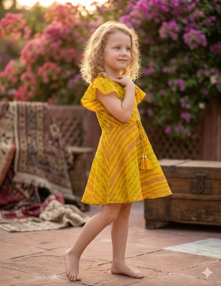 Baby Girls Yellow Leheriya Printed Cotton Umbrella Style A-Line Dress with Flutter Sleeves