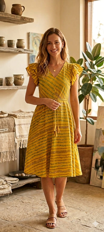 Women’s Yellow Leheriya Printed Cotton Umbrella Style A-Line Dress with Drawstring Waist
