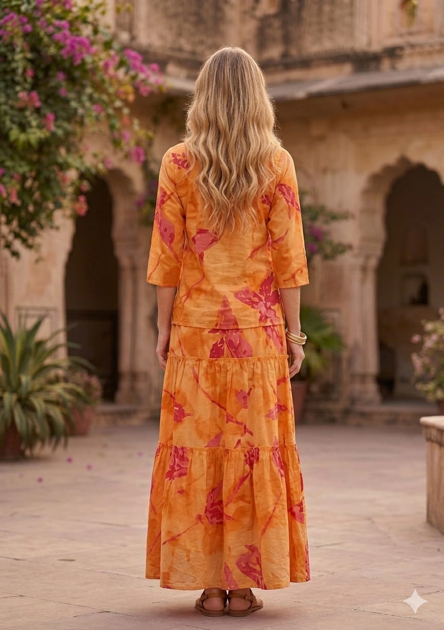 Women’s Yellow Marbel Abstract Printed Cotton Kurta with Flared Skirt Set