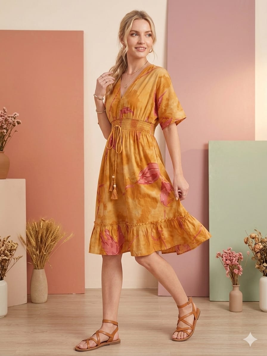Mom & Me Yellow Marbel Printed Cotton Kaftan A-Line Dress
