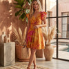 Women’s Yellow Marbel Printed Cotton Umbrella Style A-Line Dress with Drawstring Waist