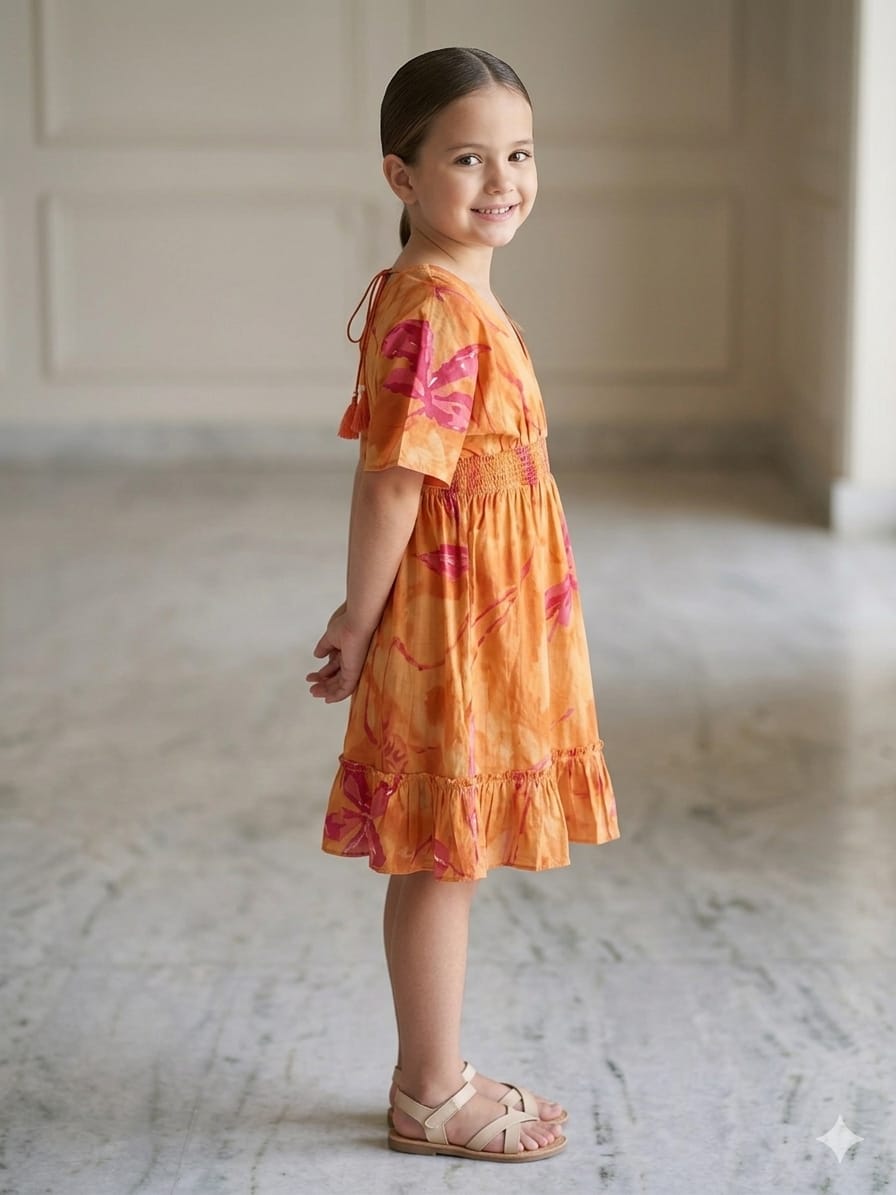 Baby Girls Yellow Marbel Printed Cotton Kaftan A-Line Dress