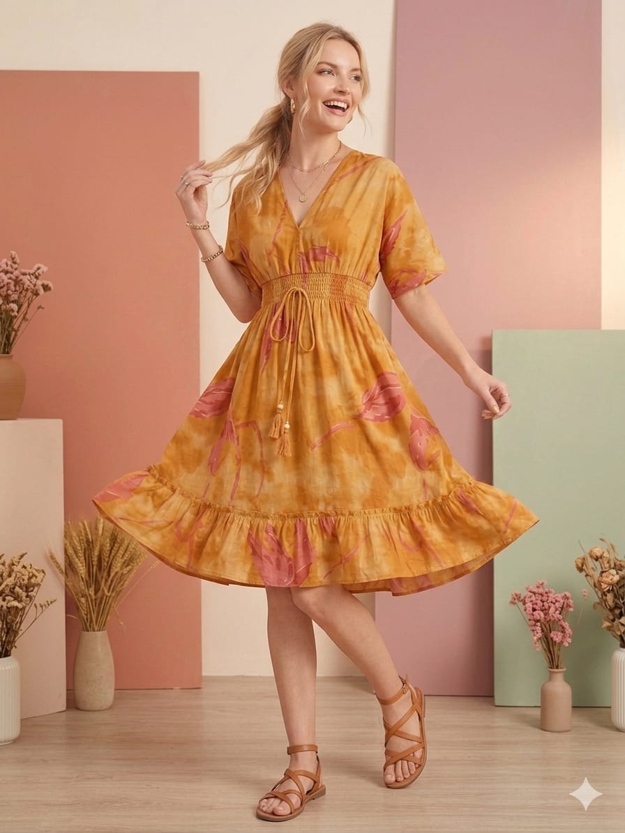 Mom & Me Yellow Marbel Printed Cotton Kaftan A-Line Dress