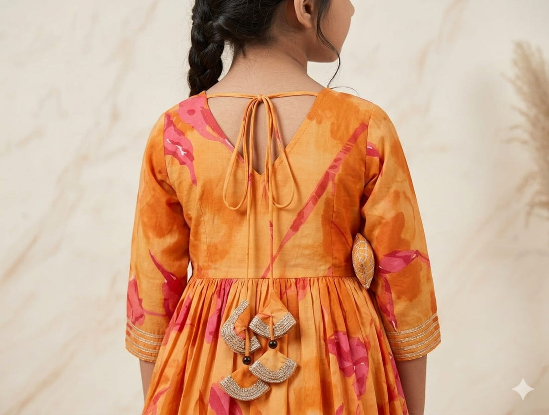 Baby Girl Yellow Abstract Print Cotton Anarkali Kurta Set