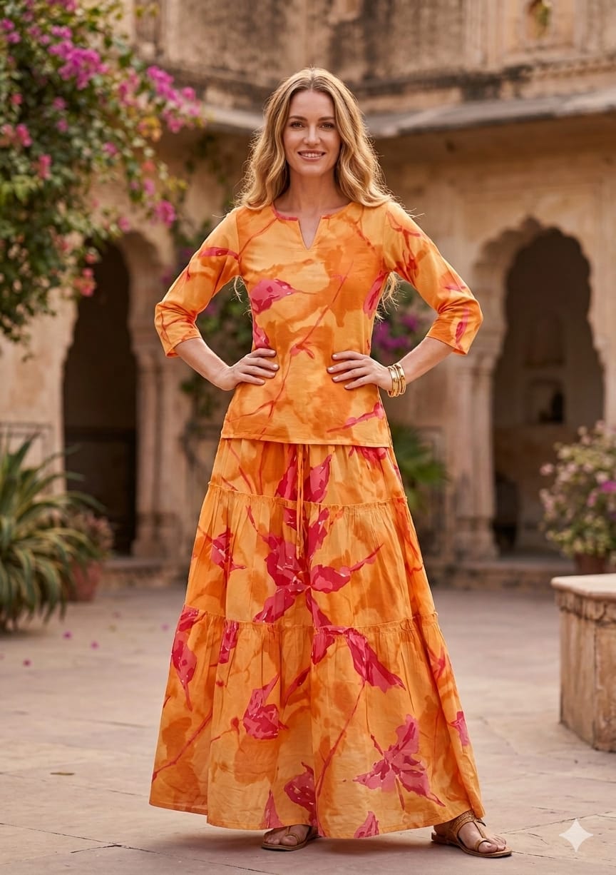 Mom & Me Yellow Abstract Marbel Printed Cotton Kurta with Flared Skirt Set
