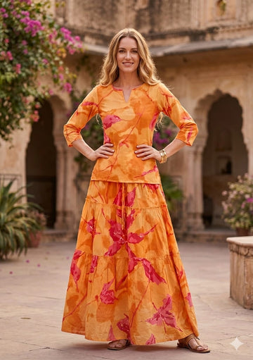 Women’s Yellow Marbel Abstract Printed Cotton Kurta with Flared Skirt Set