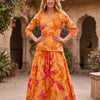 Women’s Yellow Marbel Abstract Printed Cotton Kurta with Flared Skirt Set