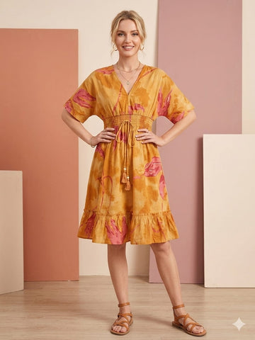 Women’s Yellow Marbel Printed Cotton Kaftan A-Line Dress