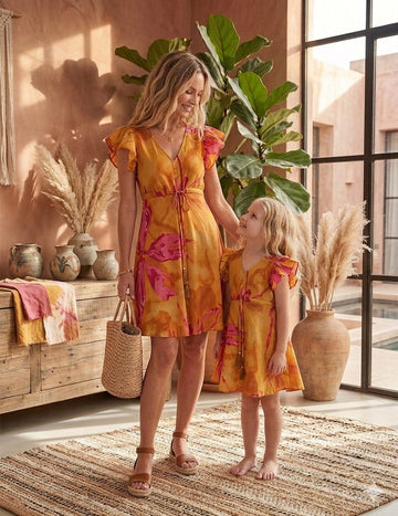 Mom & Me Yellow Marbel Abstract Printed Cotton Umbrella Style A-Line Dress with Drawstring Waist