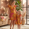 Mom & Me Yellow Marbel Abstract Printed Cotton Umbrella Style A-Line Dress with Drawstring Waist