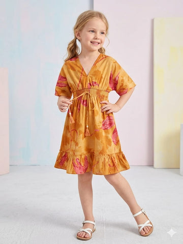 Baby Girls Yellow Marbel Printed Cotton Kaftan A-Line Dress