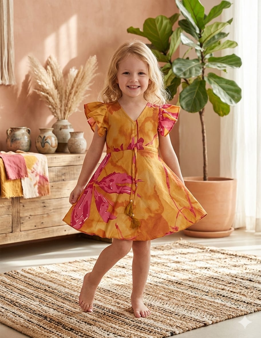 Baby Girls Yellow Marbel Printed Cotton Umbrella Style A-Line Dress with Flutter Sleeves