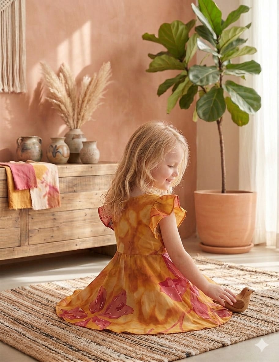 Baby Girls Yellow Marbel Printed Cotton Umbrella Style A-Line Dress with Flutter Sleeves