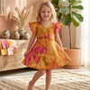 Baby Girls Yellow Marbel Printed Cotton Umbrella Style A-Line Dress with Flutter Sleeves