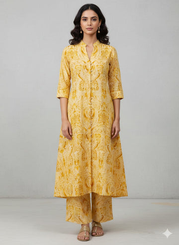 Women’s Yellow Paisley Printed Rayon Kurta Set with Straight Pants