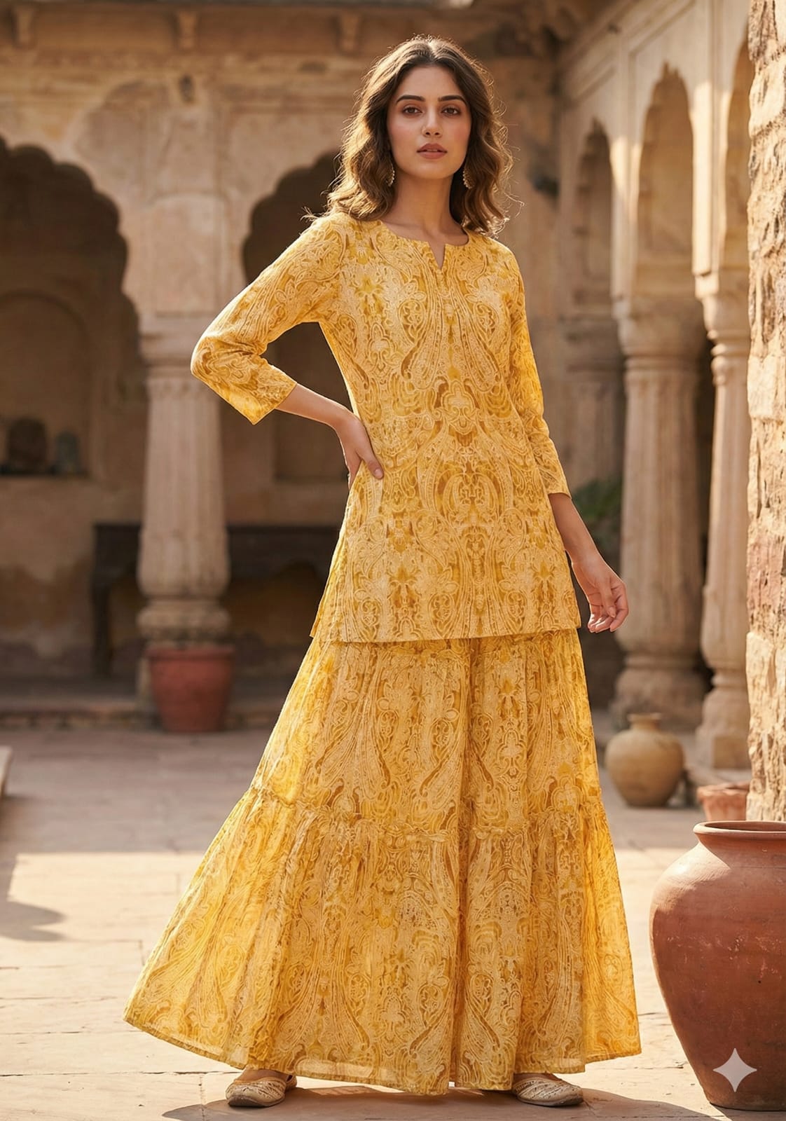 Women’s Yellow Paisley Print Cotton Kurta with Flared Skirt