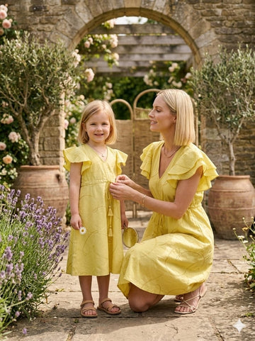 Mom & Me Yellow Rayon Umbrella Style A-Line Dress with Drawstring Waist