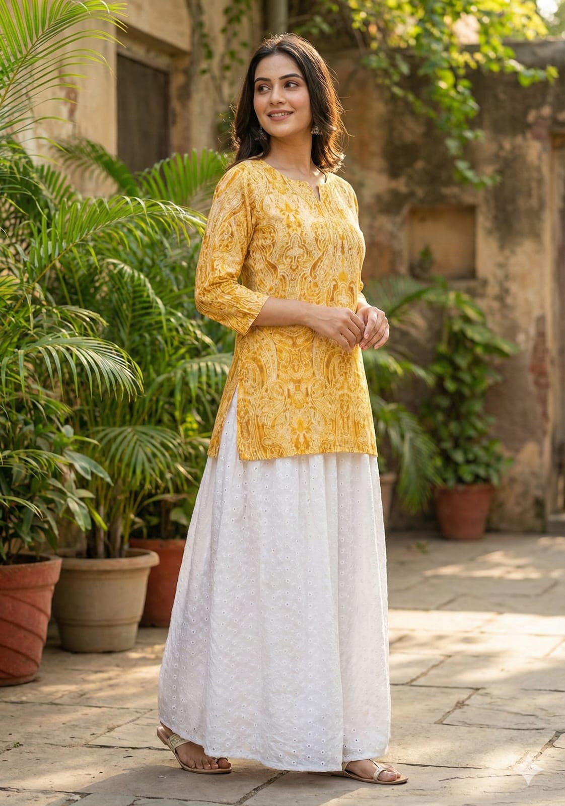 Women’s Yellow Paisley Print Cotton Kurta with Chikankari Flared Skirt