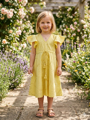 Baby Girls Yellow Rayon Umbrella Style A-Line Dress with Drawstring Waist