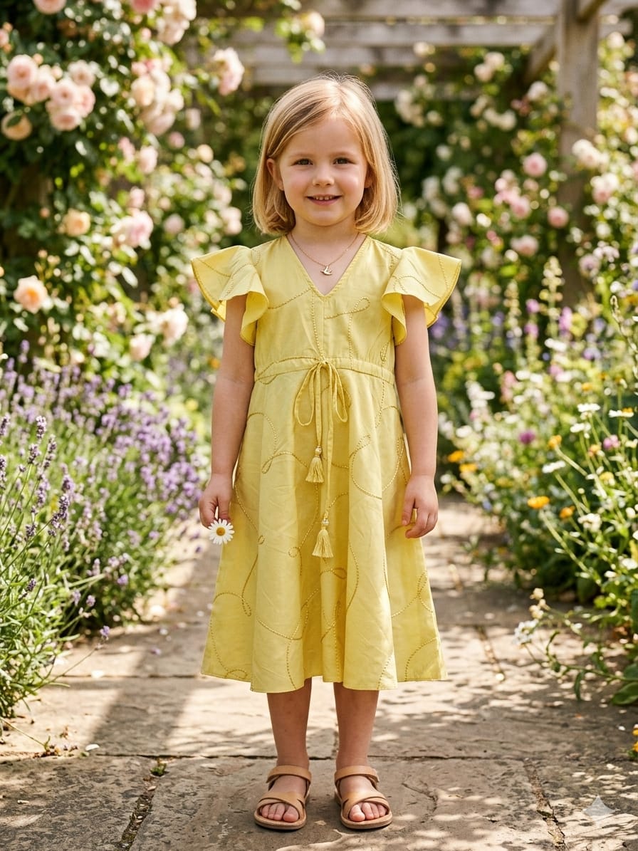 Baby Girls Yellow Rayon Umbrella Style A-Line Dress with Drawstring Waist